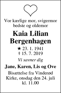 Dødsannoncen for Kaia Lilian
Bergenhagen - Frederiksværk 