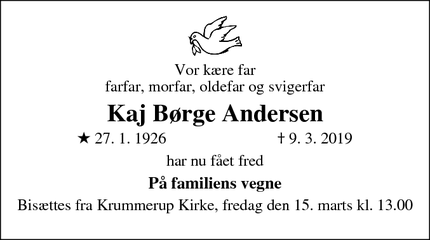 Dødsannoncen for Kaj Børge Andersen - Fuglebjerg