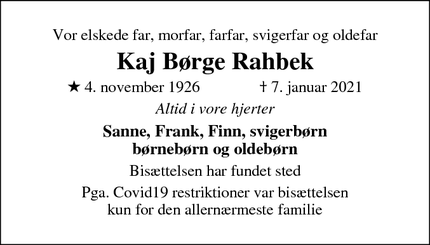 Dødsannoncen for Kaj Børge Rahbek - Horsens