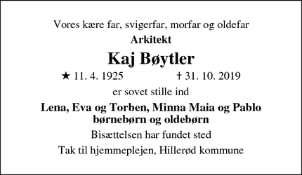 Dødsannoncen for Kaj Bøytler - Hillerød