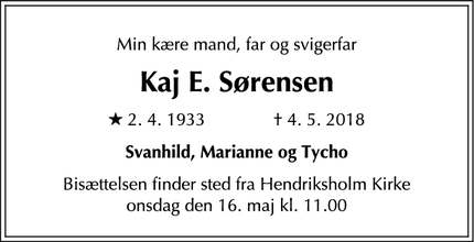Dødsannoncen for Kaj E. Sørensen - Rødovre
