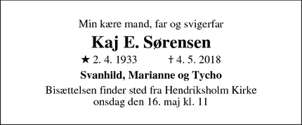 Dødsannoncen for Kaj E. Sørensen - Rødovre