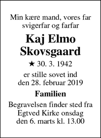 Dødsannoncen for Kaj Elmo Skovsgaard  - Egtved