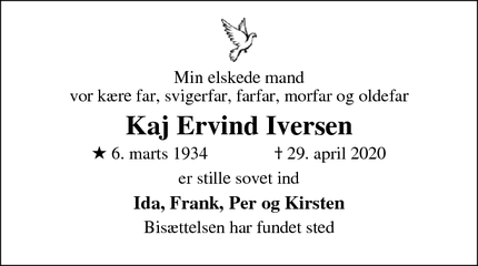 Dødsannoncen for Kaj Ervind Iversen - Kolding