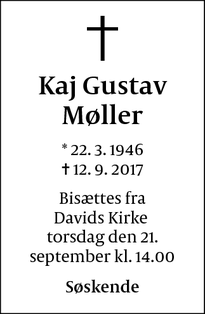 Dødsannoncen for Kaj Gustav Møller - København