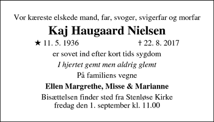 Dødsannoncen for Kaj Haugaard Nielsen - Stenløse