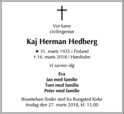 Dødsannoncen for Kaj Herman Hedberg - Hellerup