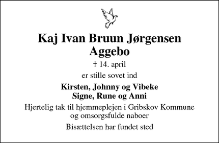 Dødsannoncen for Kaj Ivan Bruun Jørgensen
Aggebo - Hillerød