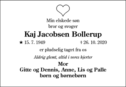 Dødsannoncen for Kaj Jacobsen Bollerup - Sønderborg 