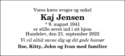 Dødsannoncen for Kaj Jensen - Hundelev