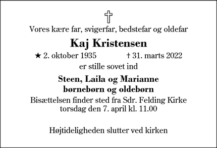 Dødsannoncen for Kaj Kristensen - Sdr. Felding