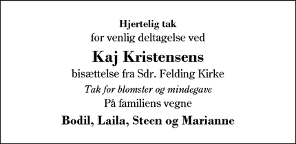 Taksigelsen for Kaj Kristensens - 7280 Sdr. Felding