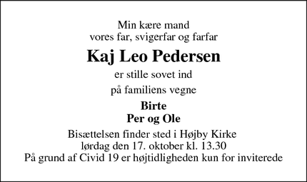 Dødsannoncen for Kaj Leo Pedersen - højby odense