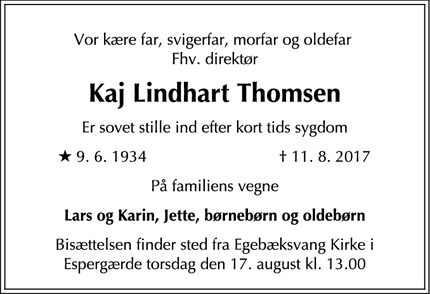 Dødsannoncen for Kaj Lindhart Thomsen  - Espergærde