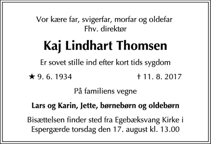 Dødsannoncen for Kaj Lindhart Thomsen - Espergærde