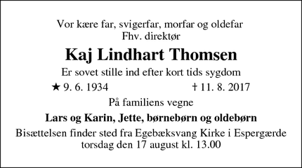 Dødsannoncen for Kaj Lindhart Thomsen - Espergærde