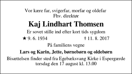 Dødsannoncen for Kaj Lindhart Thomsen  - Espergærde