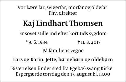 Dødsannoncen for Kaj Lindhart Thomsen  - Espergærde