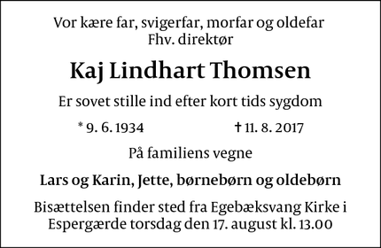 Dødsannoncen for Kaj Lindhart Thomsen - Espergærde