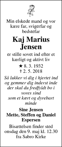 Dødsannoncen for Kaj Marius Jensen - Aarhus