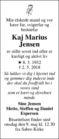 Dødsannoncen for Kaj Marius Jensen - Aarhus