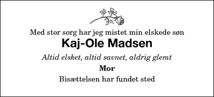 Dødsannoncen for Kaj-Ole Madsen - Horslunde 