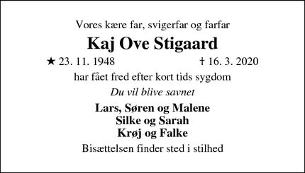 Dødsannoncen for Kaj Ove Stigaard - Sdr. Nissum