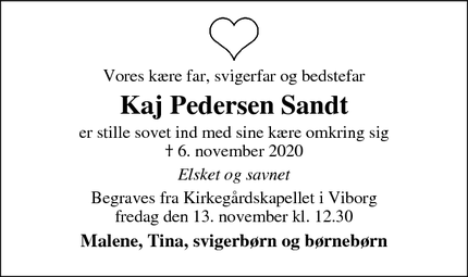 Dødsannoncen for Kaj Pedersen Sandt - Viborg 