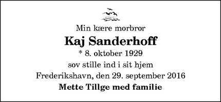 Dødsannoncen for Kaj Sanderhoff - Frederikshavn, Danmark