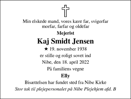 Dødsannoncen for Kaj Smidt Jensen - Nibe