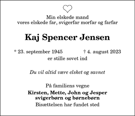 Dødsannoncen for Kaj Spencer Jensen - Hadsund