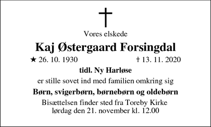 Dødsannoncen for Kaj Østergaard Forsingdal - Nykøbing F