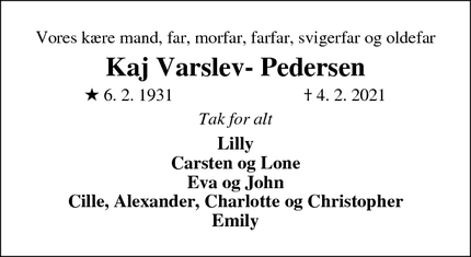 Dødsannoncen for Kaj Varslev- Pedersen - Rødovre
