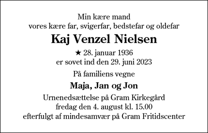Dødsannoncen for Kaj Venzel Nielsen - Gram