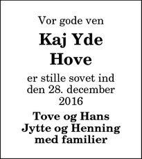 Dødsannoncen for Kaj Yde Hove - Hurup Thy