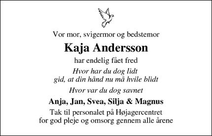 Dødsannoncen for Kaja Andersson - Jelling