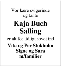 Dødsannoncen for Kaja Buch Salling - Kolding