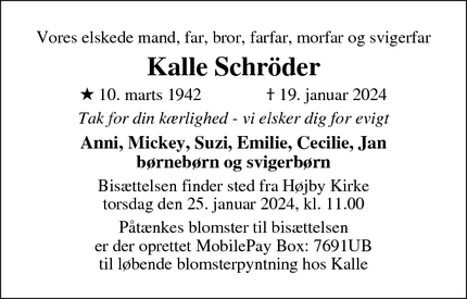 Dødsannoncen for Kalle Schröder - Højby