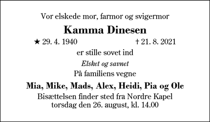 Dødsannoncen for Kamma Dinesen - Barde