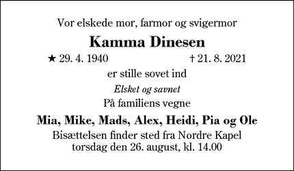 Dødsannoncen for Kamma Dinesen - Barde