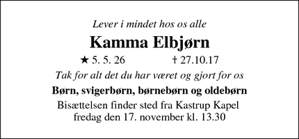 Dødsannoncen for Kamma Elbjørn - Kastrup