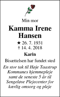 Dødsannoncen for Kamma Irene Hansen - Høje Taastrup