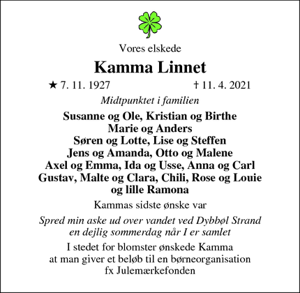 Dødsannoncen for Kamma Linnet - Gentofte