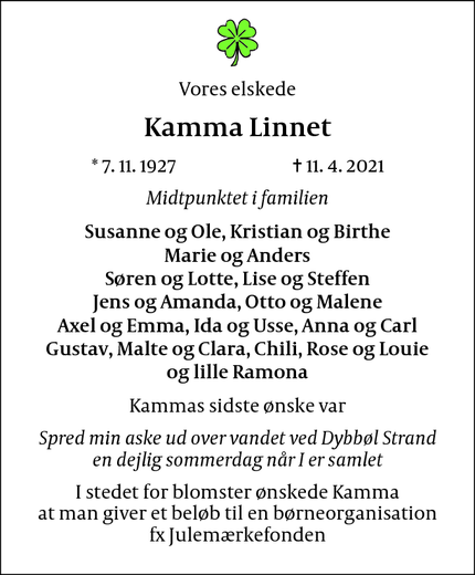 Dødsannoncen for Kamma Linnet - Gentofte