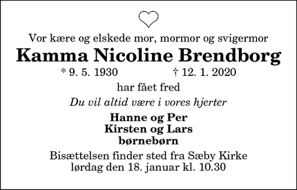 Dødsannoncen for Kamma Nicoline Brendborg - Sæby