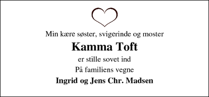 Dødsannoncen for Kamma Toft - Roslev