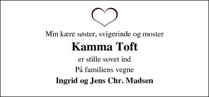 Dødsannoncen for Kamma Toft - Roslev