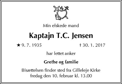 Dødsannoncen for Kaptajn T.C. Jensen - Gilleleje