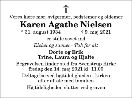 Dødsannoncen for Karen Agathe Nielsen - Thisted