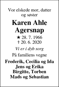 Dødsannoncen for Karen Ahle
Agersnap - Them